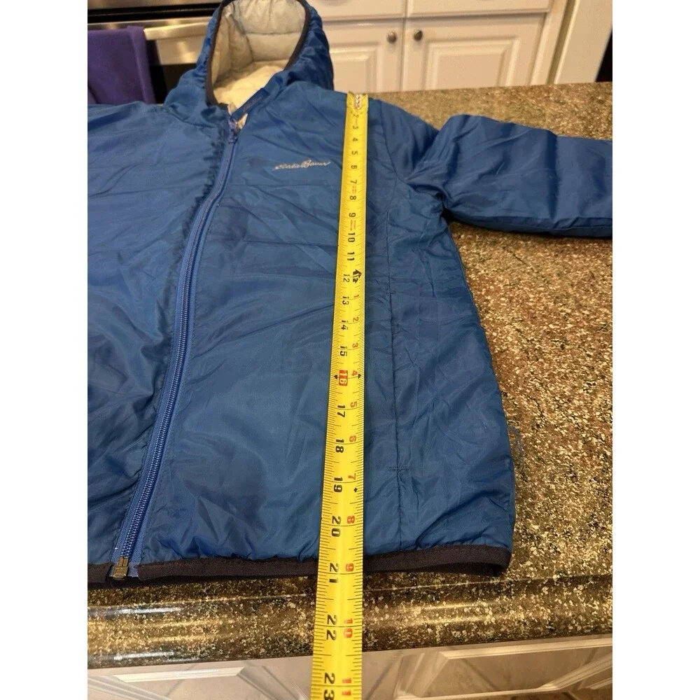 Eddie Bauer Boy's White And Navy Full Zip Hooded Puffer Coat Size M 10/12 Down j